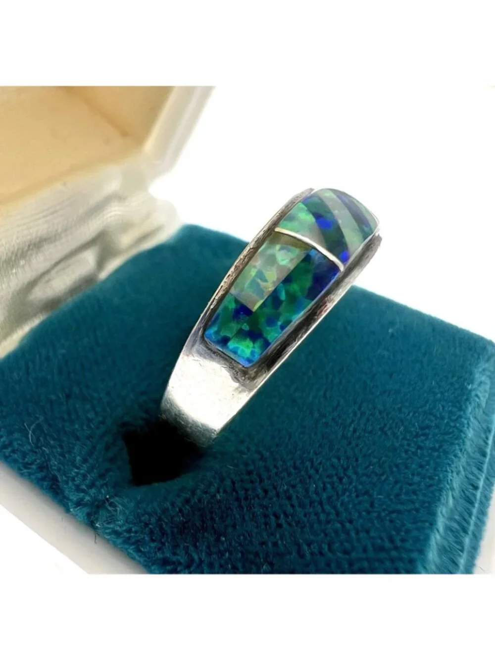 Vintage Sterling Silver & Blue Opal Inlay Ring Size - Picture 2 of 10